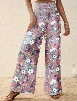 Women's Wide Leg Pants Trousers Casual Daily Long Floral Wide Leg Printing Breathability Comfortable Micro-elastic Vacation Weekend Pink Navy Blue Blue Apricot Spring & Summer Regular Fit