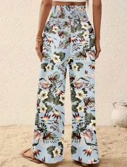 Women's Wide Leg Pants Trousers Casual Daily Long Floral Wide Leg Printing Breathability Comfortable Micro-elastic Vacation Weekend Pink Navy Blue Blue Apricot Spring & Summer Regular Fit