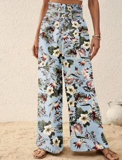 Women's Wide Leg Pants Trousers Casual Daily Long Floral Wide Leg Printing Breathability Comfortable Micro-elastic Vacation Weekend Pink Navy Blue Blue Apricot Spring & Summer Regular Fit