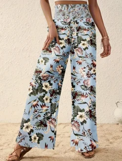 Women's Wide Leg Pants Trousers Casual Daily Long Floral Wide Leg Printing Breathability Comfortable Micro-elastic Vacation Weekend Pink Navy Blue Blue Apricot Spring & Summer Regular Fit