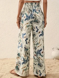 Women's Wide Leg Pants Trousers Casual Daily Long Floral Wide Leg Printing Breathability Comfortable Micro-elastic Vacation Weekend Pink Navy Blue Blue Apricot Spring & Summer Regular Fit