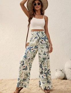 Women's Wide Leg Pants Trousers Casual Daily Long Floral Wide Leg Printing Breathability Comfortable Micro-elastic Vacation Weekend Pink Navy Blue Blue Apricot Spring & Summer Regular Fit