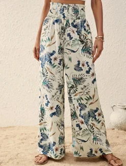 Women's Wide Leg Pants Trousers Casual Daily Long Floral Wide Leg Printing Breathability Comfortable Micro-elastic Vacation Weekend Pink Navy Blue Blue Apricot Spring & Summer Regular Fit