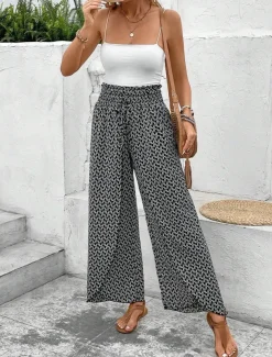 Women's Wide Leg Pants Trousers Streetwear Casual Long High Waist Geometic Pocket Printing Elastic Drawstring Design Breathability Soft Micro-elastic Vacation Street Daily Wear Cuticolor Black White