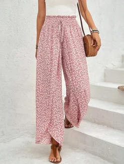 Women's Wide Leg Pants Trousers Streetwear Casual Long High Waist Geometic Pocket Printing Elastic Drawstring Design Breathability Soft Micro-elastic Vacation Street Daily Wear Cuticolor Black White