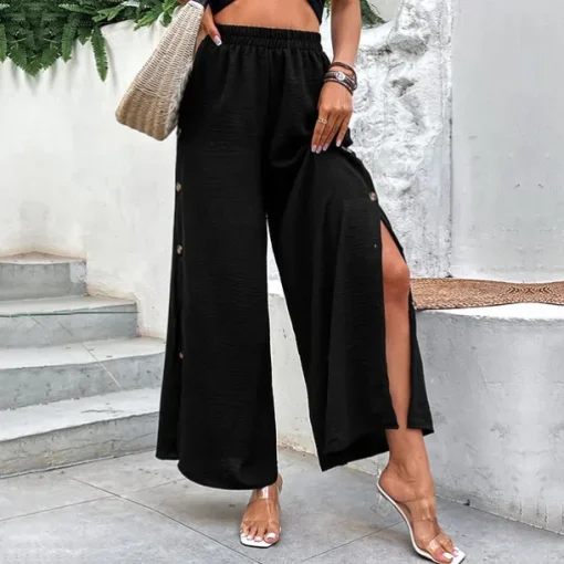 Women's Wide Leg Pants Trousers Casual Daily Full Length High Waist Plain Split Side Button Breathability Comfortable Micro-elastic Going out Black Spring & Summer Loose Fit