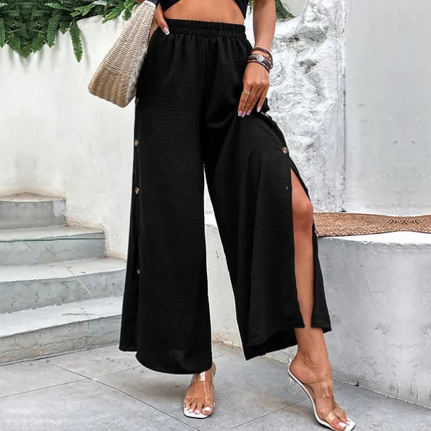 Women's Wide Leg Pants Trousers Casual Daily Full Length High Waist Plain Split Side Button Breathability Comfortable Micro-elastic Going out Black Spring & Summer Loose Fit