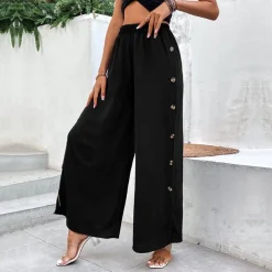 Women's Wide Leg Pants Trousers Casual Daily Full Length High Waist Plain Split Side Button Breathability Comfortable Micro-elastic Going out Black Spring & Summer Loose Fit