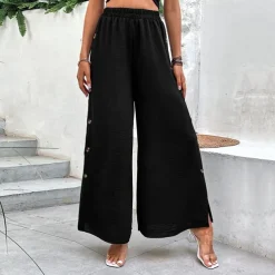 Women's Wide Leg Pants Trousers Casual Daily Full Length High Waist Plain Split Side Button Breathability Comfortable Micro-elastic Going out Black Spring & Summer Loose Fit