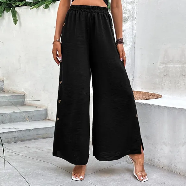 Women's Wide Leg Pants Trousers Casual Daily Full Length High Waist Plain Split Side Button Breathability Comfortable Micro-elastic Going out Black Spring & Summer Loose Fit