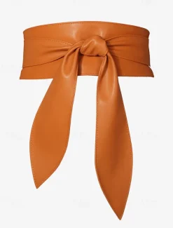 Women's Wide Red Faux Leather Obi Belt – Elegant Waist Cincher with Tie Knot Design for Dresses and Outerwear