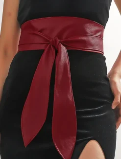 Women's Wide Red Faux Leather Obi Belt – Elegant Waist Cincher with Tie Knot Design for Dresses and Outerwear