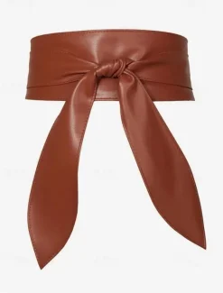 Women's Wide Red Faux Leather Obi Belt – Elegant Waist Cincher with Tie Knot Design for Dresses and Outerwear