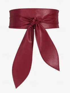 Women's Wide Red Faux Leather Obi Belt – Elegant Waist Cincher with Tie Knot Design for Dresses and Outerwear