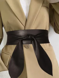 Women's Wide Red Faux Leather Obi Belt – Elegant Waist Cincher with Tie Knot Design for Dresses and Outerwear