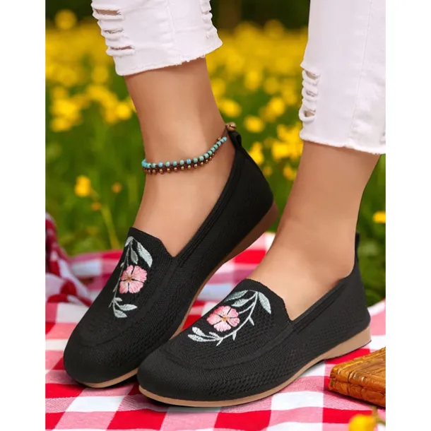 Women's Wide Toe Barefoot Shoes – Floral Embroidered Flyknit Flats for Picnics, Garden Strolls and Summer Getaways