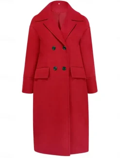 Women's Winter Coat Coat Cloak / Capes Windproof Warm Pocket Casual Street Style Plain Vacation Work Street Daily Wear Single Breasted Turndown Loose Fit Long Sleeve Outerwear Red Blue Green Fall