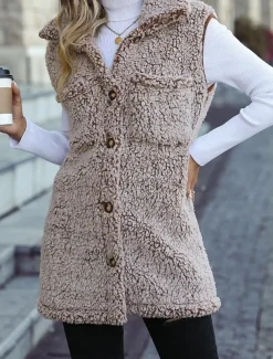 Women's Winter Coat Coat Warm Buttons Casual Street Style Solid Color Vacation Work Daily Wear Single Breasted Turndown Loose Fit Long Sleeve Outerwear Light Pink Black Khaki Fall Winter