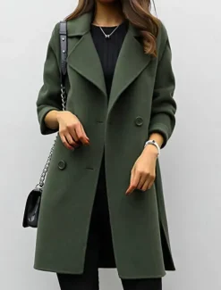 Women's Winter Coat Fall Long Overcoat Double Breasted Pea Coat with Belt Windproof Classic Slim Fit Trench Coat Elegant Outerwear Long Sleeve ArmyGreen S