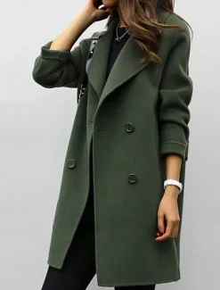 Women's Winter Coat Fall Long Overcoat Double Breasted Pea Coat with Belt Windproof Classic Slim Fit Trench Coat Elegant Outerwear Long Sleeve ArmyGreen S