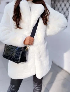 Women's Winter Coat Faux Fur Coat Warm Breathable Outdoor Valentine's Day Street Daily Wear Slim Fit Cardigan Lapel Fashion Daily Casual Solid Color Loose Fit Outerwear Long Sleeve Fall Winter Black