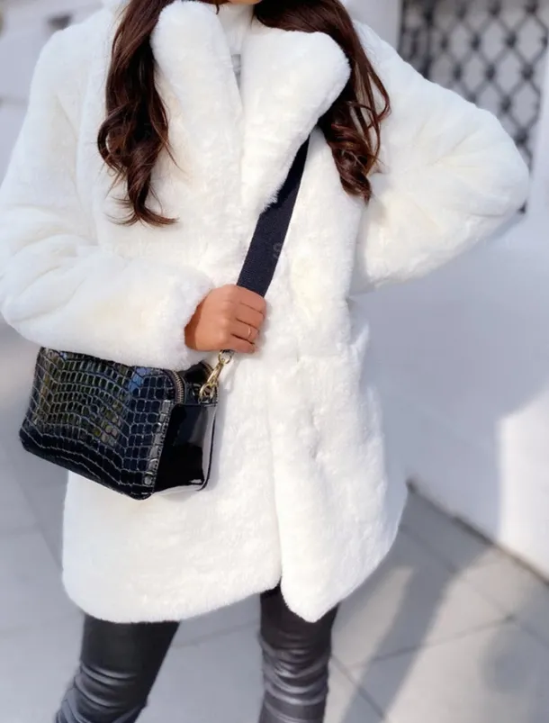 Women's Winter Coat Faux Fur Coat Warm Breathable Outdoor Valentine's Day Street Daily Wear Slim Fit Cardigan Lapel Fashion Daily Casual Solid Color Loose Fit Outerwear Long Sleeve Fall Winter Black