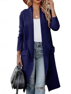 Women's Winter Coat Outdoor Street Daily Fall Winter Long Coat Regular Fit Warm Breathable Comtemporary Stylish Jacket Long Sleeve Solid Color with Pockets Blue Coffee Gray