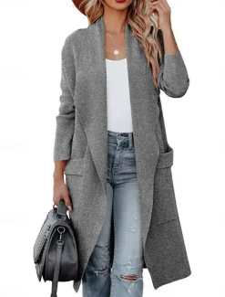 Women's Winter Coat Outdoor Street Daily Fall Winter Long Coat Regular Fit Warm Breathable Comtemporary Stylish Jacket Long Sleeve Solid Color with Pockets Blue Coffee Gray