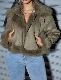 Women's Winter Coat Outdoor Street Daily Wear Fall Winter Short Coat Regular Fit Thermal Warm Breathable Stylish Casual Jacket Long Sleeve Plain Faux Fur Trim Green