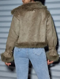 Women's Winter Coat Outdoor Street Daily Wear Fall Winter Short Coat Regular Fit Thermal Warm Breathable Stylish Casual Jacket Long Sleeve Plain Faux Fur Trim Green