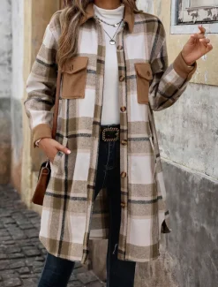 Women's Winter Coat Outdoor Street Daily Wear Fall Winter Long Coat Regular Fit Thermal Warm Breathable Stylish Casual Jacket Long Sleeve Stripes and Plaid with Pockets Print Wine Coffee Gray