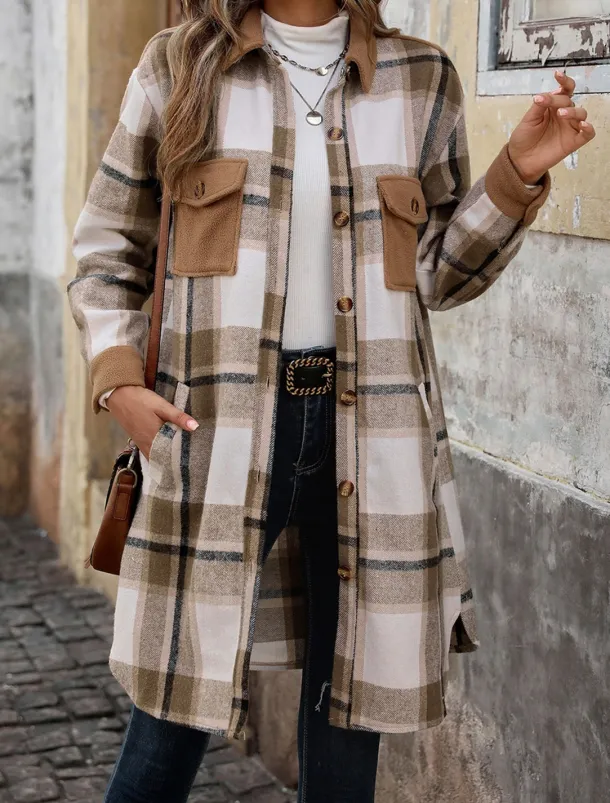 Women's Winter Coat Outdoor Street Daily Wear Fall Winter Long Coat Regular Fit Thermal Warm Breathable Stylish Casual Jacket Long Sleeve Stripes and Plaid with Pockets Print Wine Coffee Gray