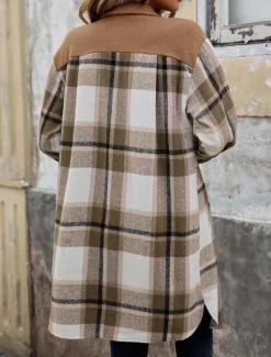 Women's Winter Coat Outdoor Street Daily Wear Fall Winter Long Coat Regular Fit Thermal Warm Breathable Stylish Casual Jacket Long Sleeve Stripes and Plaid with Pockets Print Wine Coffee Gray