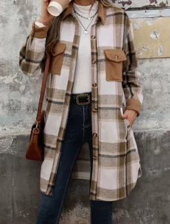 Women's Winter Coat Outdoor Street Daily Wear Fall Winter Long Coat Regular Fit Thermal Warm Breathable Stylish Casual Jacket Long Sleeve Stripes and Plaid with Pockets Print Wine Coffee Gray