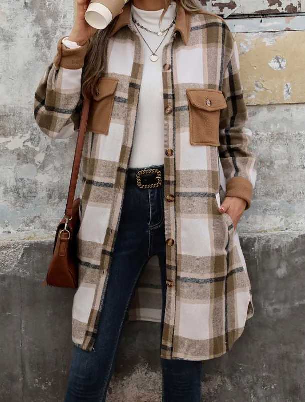 Women's Winter Coat Outdoor Street Daily Wear Fall Winter Long Coat Regular Fit Thermal Warm Breathable Stylish Casual Jacket Long Sleeve Stripes and Plaid with Pockets Print Wine Coffee Gray