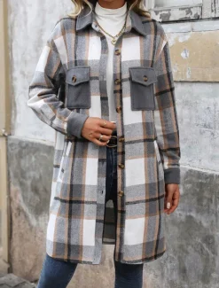 Women's Winter Coat Outdoor Street Daily Wear Fall Winter Long Coat Regular Fit Thermal Warm Breathable Stylish Casual Jacket Long Sleeve Stripes and Plaid with Pockets Print Wine Coffee Gray