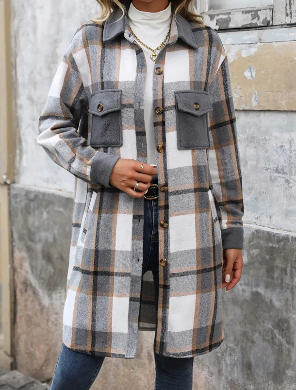 Women's Winter Coat Outdoor Street Daily Wear Fall Winter Long Coat Regular Fit Thermal Warm Breathable Stylish Casual Jacket Long Sleeve Stripes and Plaid with Pockets Print Wine Coffee Gray