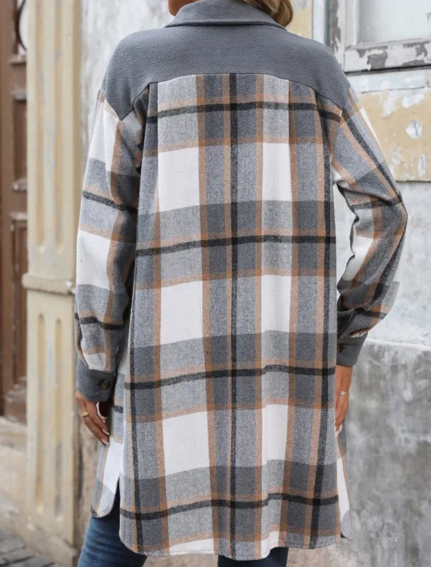 Women's Winter Coat Outdoor Street Daily Wear Fall Winter Long Coat Regular Fit Thermal Warm Breathable Stylish Casual Jacket Long Sleeve Stripes and Plaid with Pockets Print Wine Coffee Gray