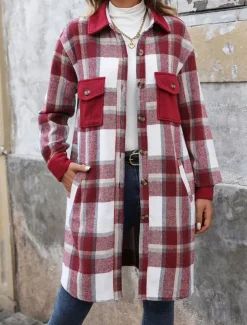 Women's Winter Coat Outdoor Street Daily Wear Fall Winter Long Coat Regular Fit Thermal Warm Breathable Stylish Casual Jacket Long Sleeve Stripes and Plaid with Pockets Print Wine Coffee Gray