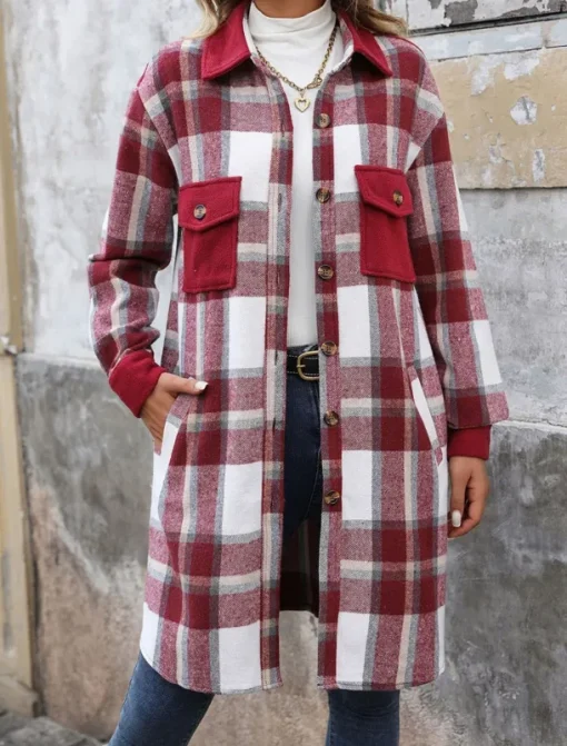 Women's Winter Coat Outdoor Street Daily Wear Fall Winter Long Coat Regular Fit Thermal Warm Breathable Stylish Casual Jacket Long Sleeve Stripes and Plaid with Pockets Print Wine Coffee Gray