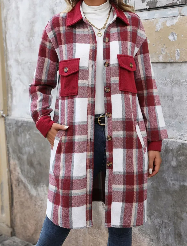 Women's Winter Coat Outdoor Street Daily Wear Fall Winter Long Coat Regular Fit Thermal Warm Breathable Stylish Casual Jacket Long Sleeve Stripes and Plaid with Pockets Print Wine Coffee Gray