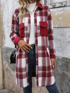 Women's Winter Coat Outdoor Street Daily Wear Fall Winter Long Coat Regular Fit Thermal Warm Breathable Stylish Casual Jacket Long Sleeve Stripes and Plaid with Pockets Print Wine Coffee Gray