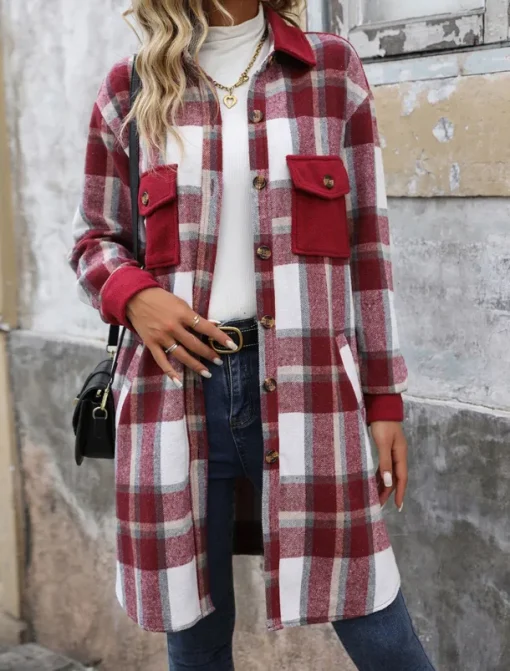 Women's Winter Coat Outdoor Street Daily Wear Fall Winter Long Coat Regular Fit Thermal Warm Breathable Stylish Casual Jacket Long Sleeve Stripes and Plaid with Pockets Print Wine Coffee Gray