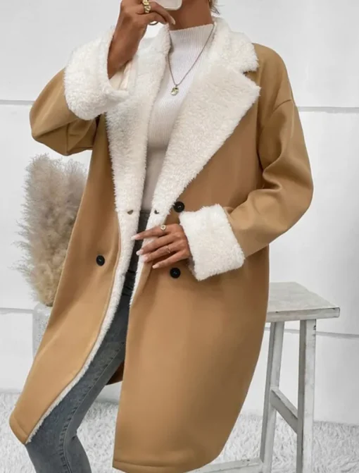 Women's Winter Coat Teddy Coat Windproof Warm Buttons Fur Collar Elegant Outdoor Solid Color Work Casual Double Breasted Turndown Loose Fit Long Sleeve Outerwear Khaki Fall Winter
