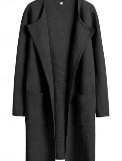 Women's Winter Coat Warm Breathable Pocket Casual Plain Vacation Street Daily Wear Going out Open Front Long Turndown Regular Fit Long Sleeve Outerwear Black Brown Khaki Fall Winter