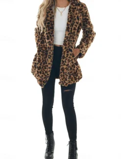 Women's Winter Coat Warm Breathable Patchwork with Pockets Vintage Fashion Leopard Party / Evening Open Front Long Turndown Regular Fit Long Sleeve Outerwear Leopard Fall Winter