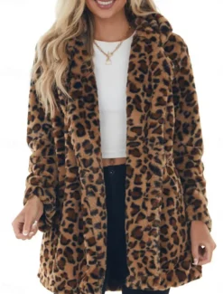 Women's Winter Coat Warm Breathable Patchwork with Pockets Vintage Fashion Leopard Party / Evening Open Front Long Turndown Regular Fit Long Sleeve Outerwear Leopard Fall Winter