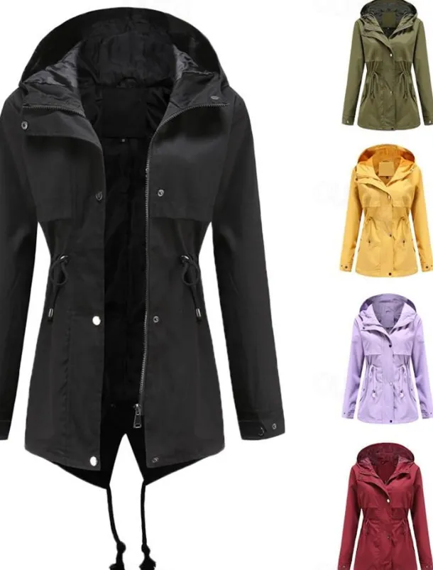 Women's Winter Coat Waterproof Windproof Zipper Outdoor Solid Color Work Casual Zipper Hoodie Loose Fit Long Sleeve Outerwear Black Yellow Red Winter