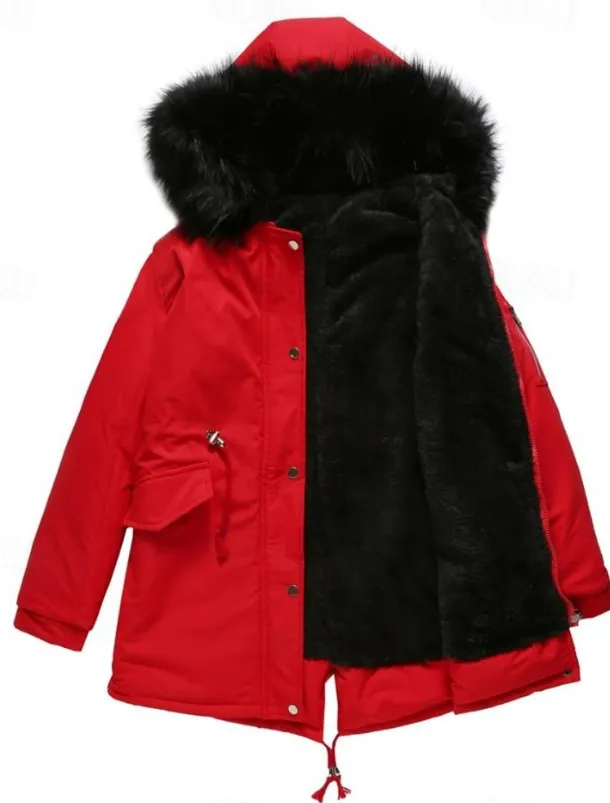 Women's Winter Coat Windproof Warm Zipper Outdoor Solid Color Work Casual Zipper Hoodie Loose Fit Long Sleeve Outerwear Black Red Green Winter