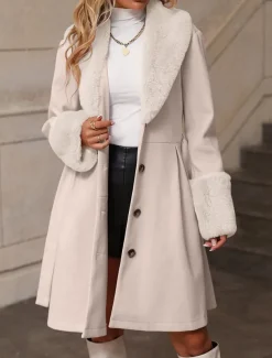 Women's Winter Coat Windproof Warm Buttons With Belt Fur Collar Elegant Outdoor Solid Color Work Casual Single Breasted Turndown Loose Fit Long Sleeve Outerwear Khaki Apricot Fall Winter